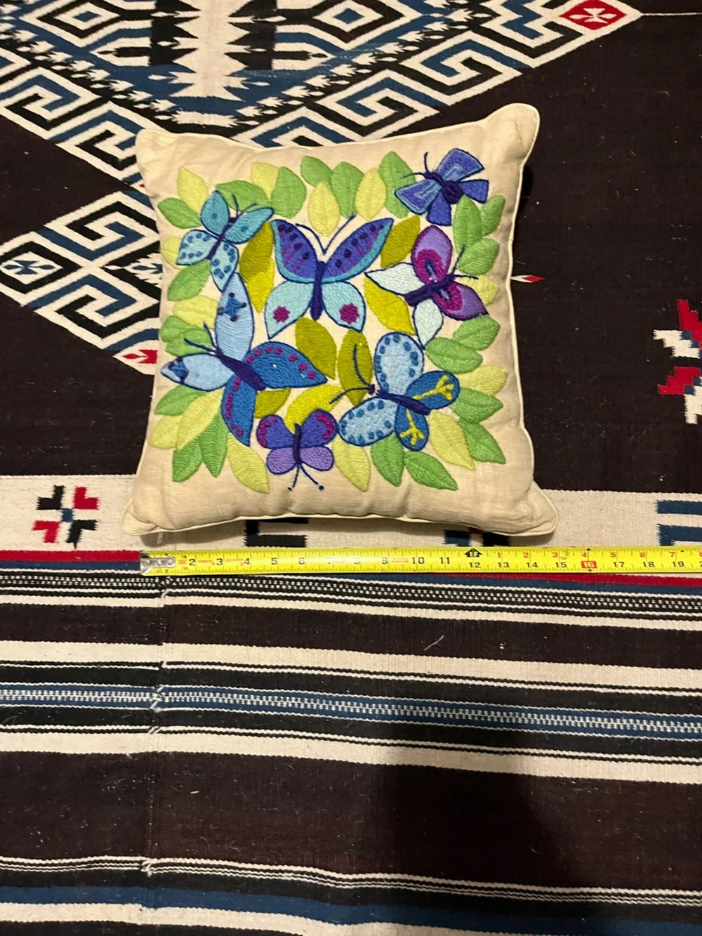 Vintage Crewel Butterfly Throw Pillow in Green and Blue